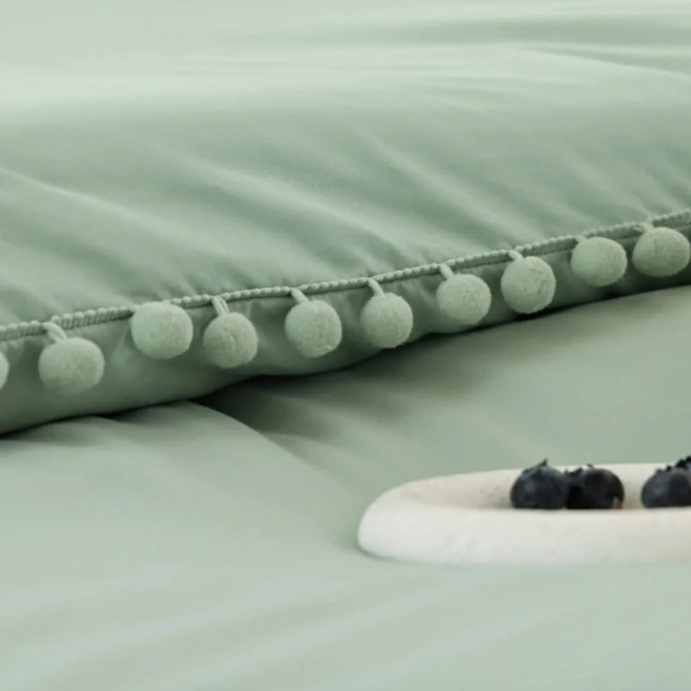 🆕⭐ Boho sage green pom pom comforter set